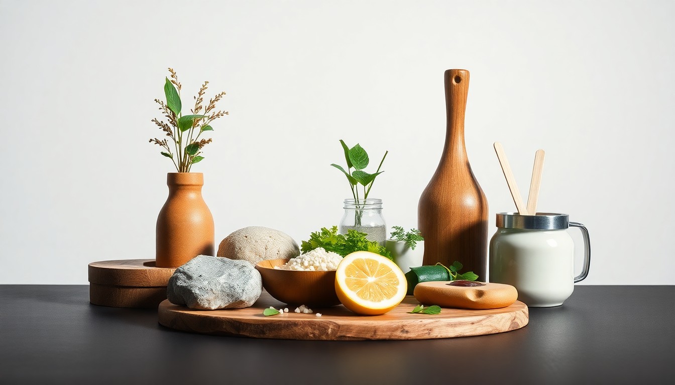 A high-end, photorealistic studio still-life photograph featuring a carefully arranged composition of premium, polished objects representing the healthy, wellness-focused menu items and brand ethos of CRISP & GREEN.