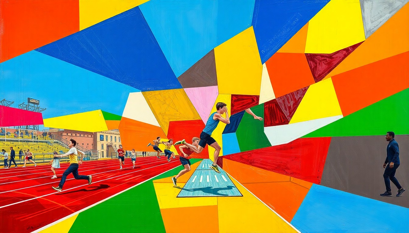 A fragmented, geometric painting in bold primary colors depicting the dynamic movements and competition of a high school track and field event.