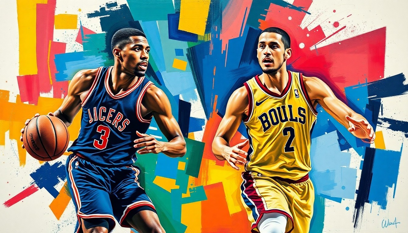 A fragmented, cubist-style painting depicting the dynamic movements and contrasting uniforms of two basketball players, representing the competition between Kon Knueppel and Cooper Flagg for the NBA Rookie of the Year award.