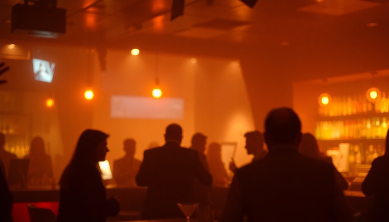 A blurred, atmospheric photograph of a dimly lit bar interior with silhouetted figures enjoying cocktails, conveying the cozy and inviting mood of Dallas’ premier cocktail destinations.