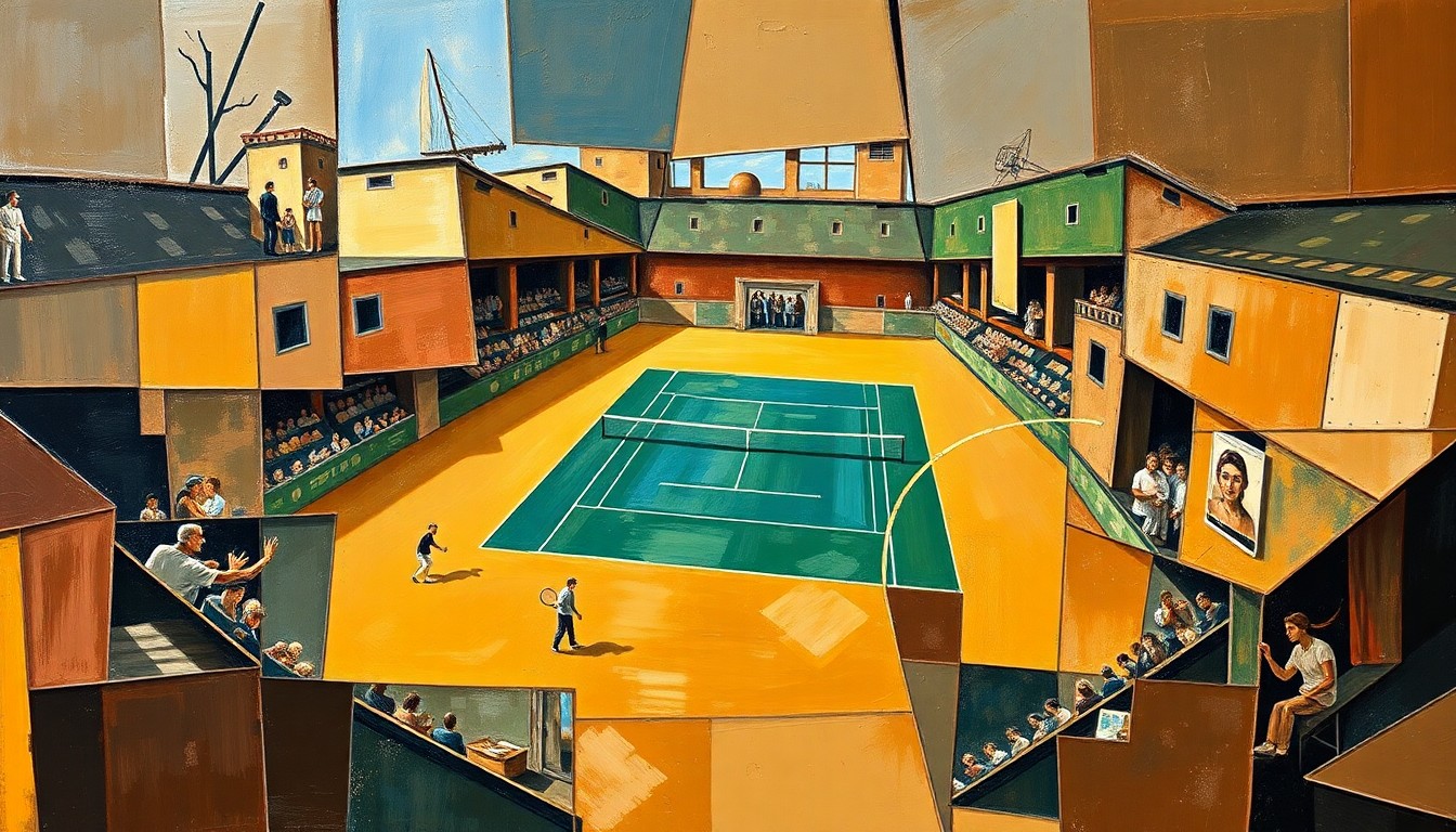 A fragmented, geometric painting depicting a tennis court and players, with sharp planes of color and overlapping perspectives, capturing the essence of Bautista Agut's consistent and high-level play.
