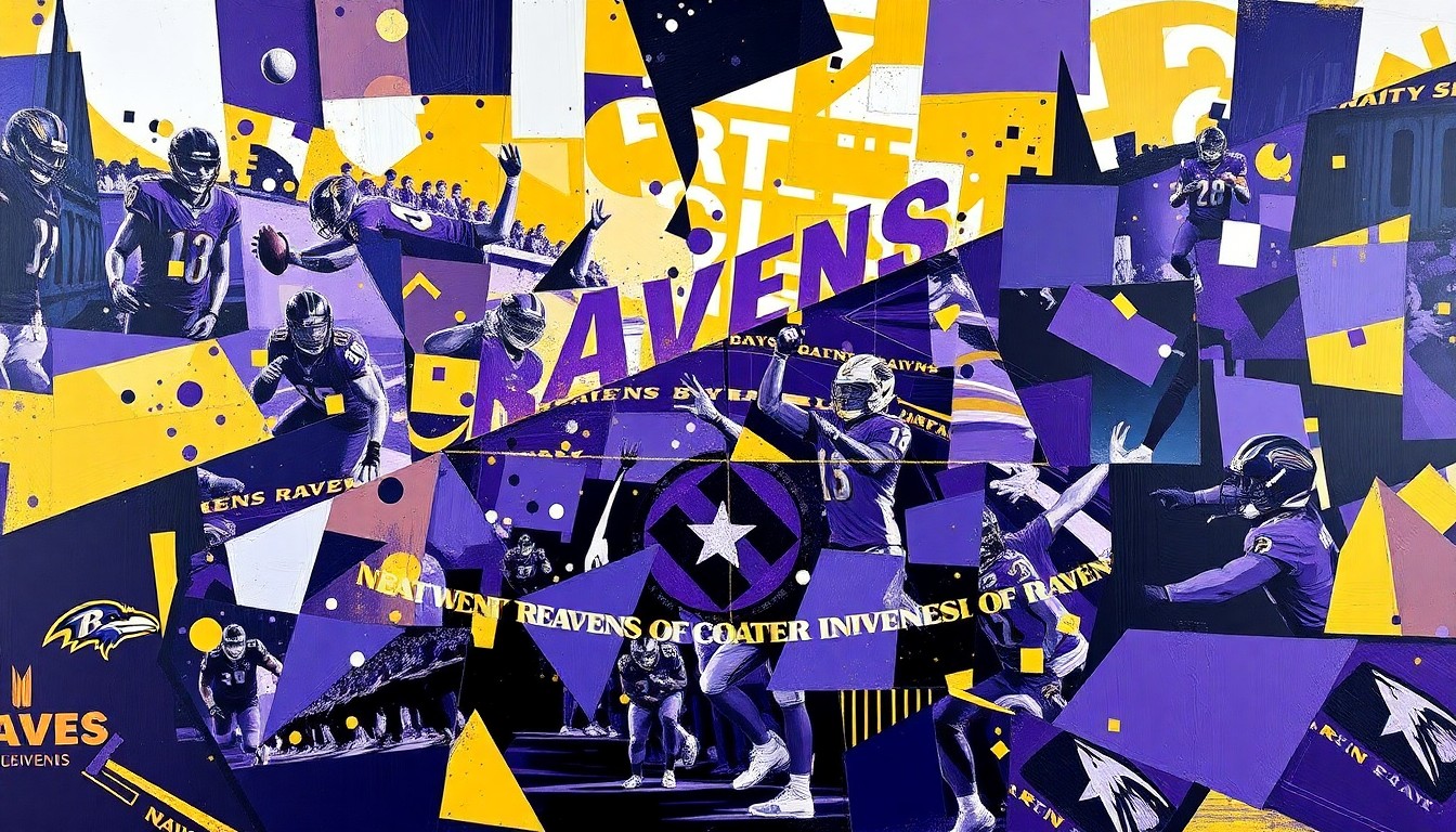 A fragmented, cubist-style painting depicting an NFL draft scene, with sharp geometric shapes and planes in the Ravens' team colors of purple, black, and gold, conveying the multifaceted nature of the team's draft plans.