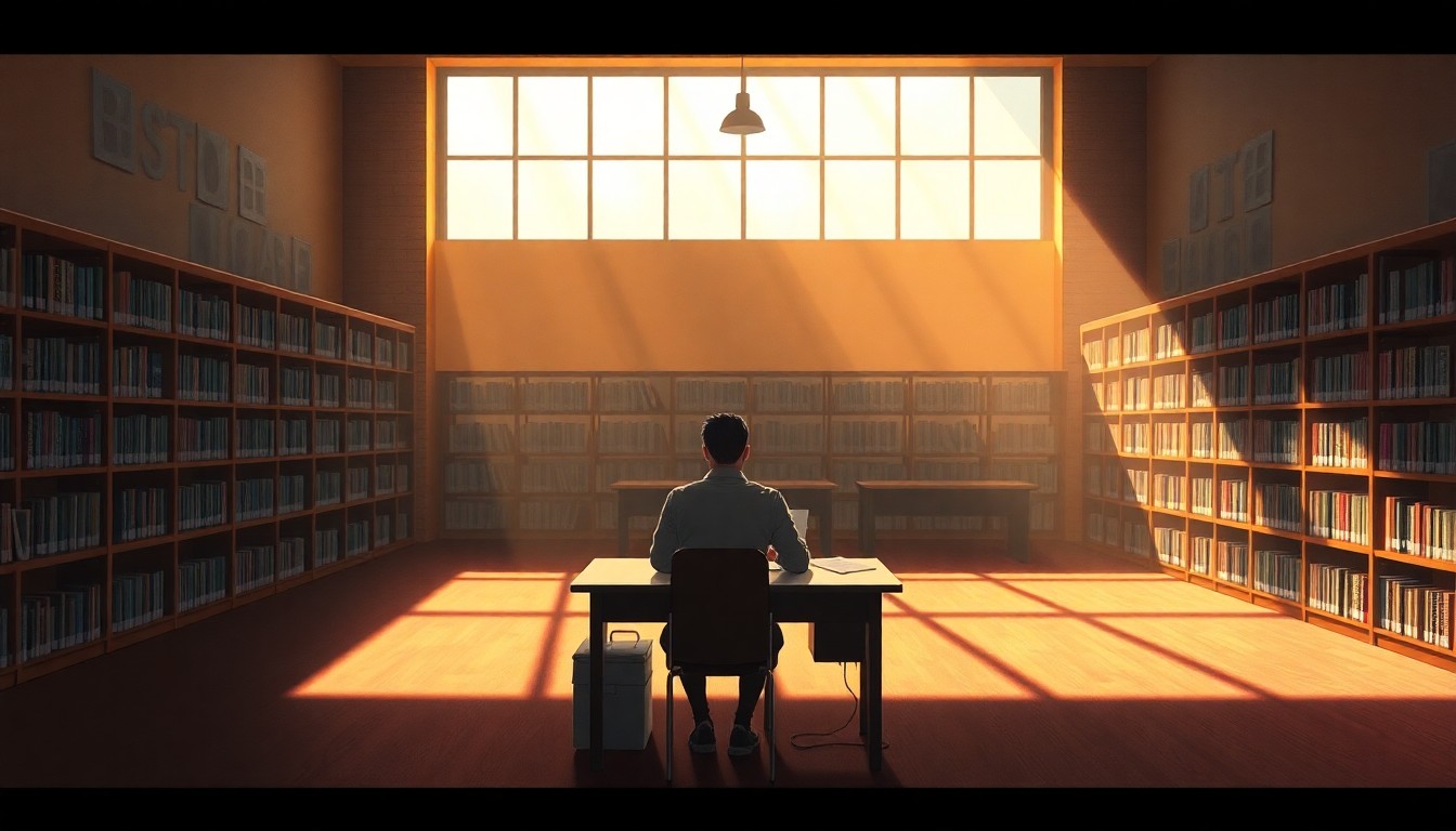 A serene, cinematic painting of an empty library reading room with warm lighting and deep shadows, depicting a lone person sitting at a desk filling out a voter registration form.
