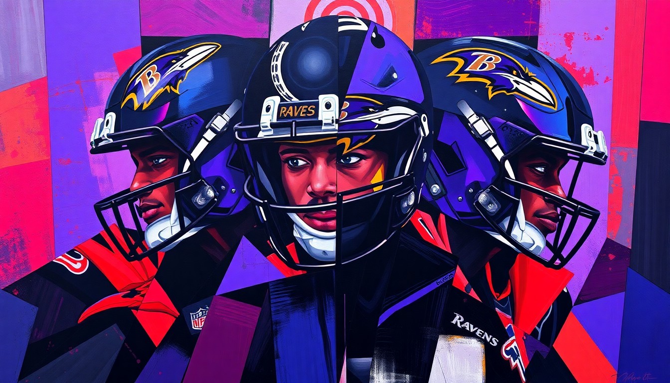 An abstract, cubist-style painting featuring fragmented geometric shapes in shades of purple, black, and red, capturing the dynamic energy and design elements of the Ravens' new uniforms and helmets.