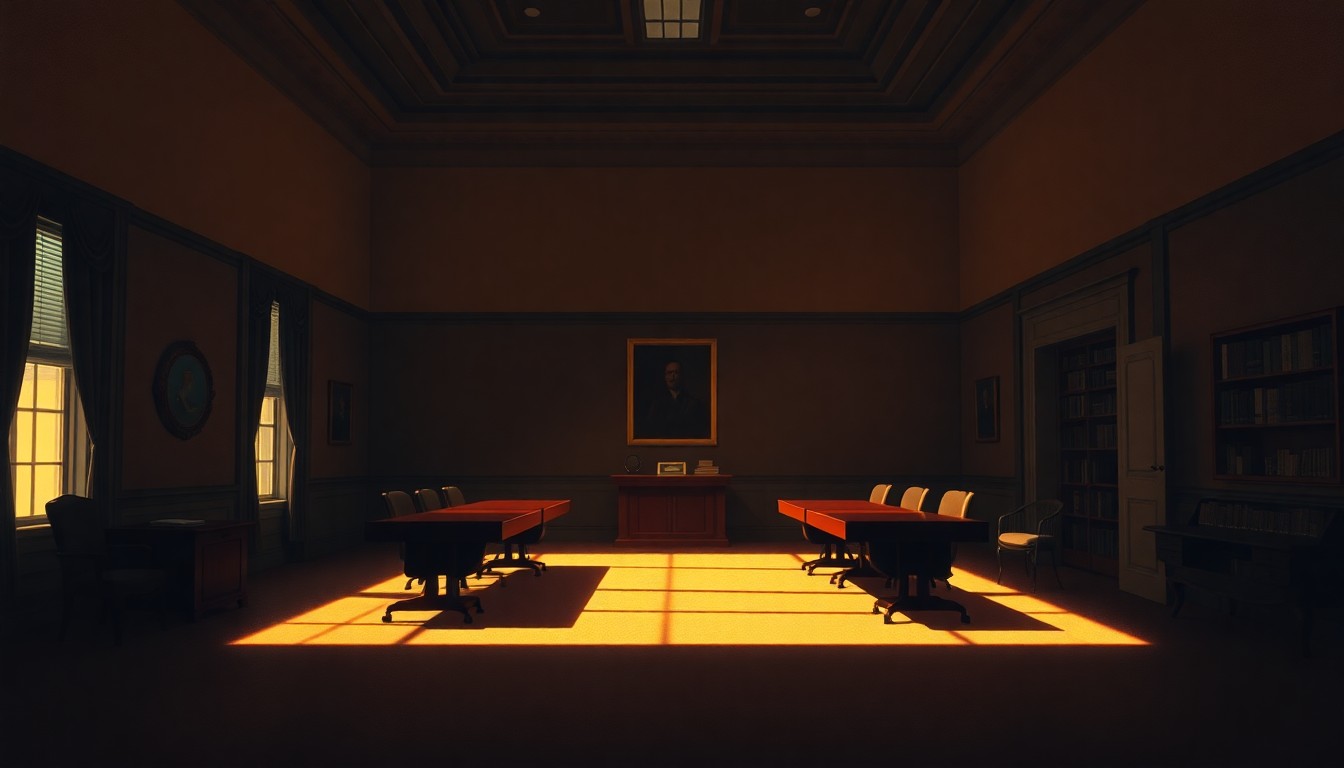 A dimly lit, cinematic painting of an empty government meeting room or office, with warm sunlight streaming in through the windows and deep shadows across the walls and furniture, conveying a sense of tension and unease.