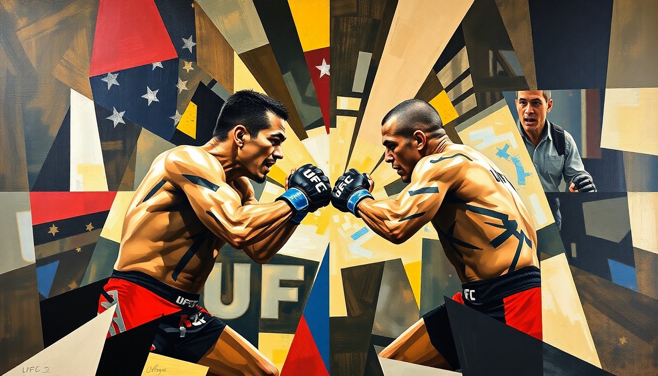 A fragmented, geometric painting depicting the chaotic action of a UFC light heavyweight title fight, with sharp planes of color and movement representing the combatants and their strikes.
