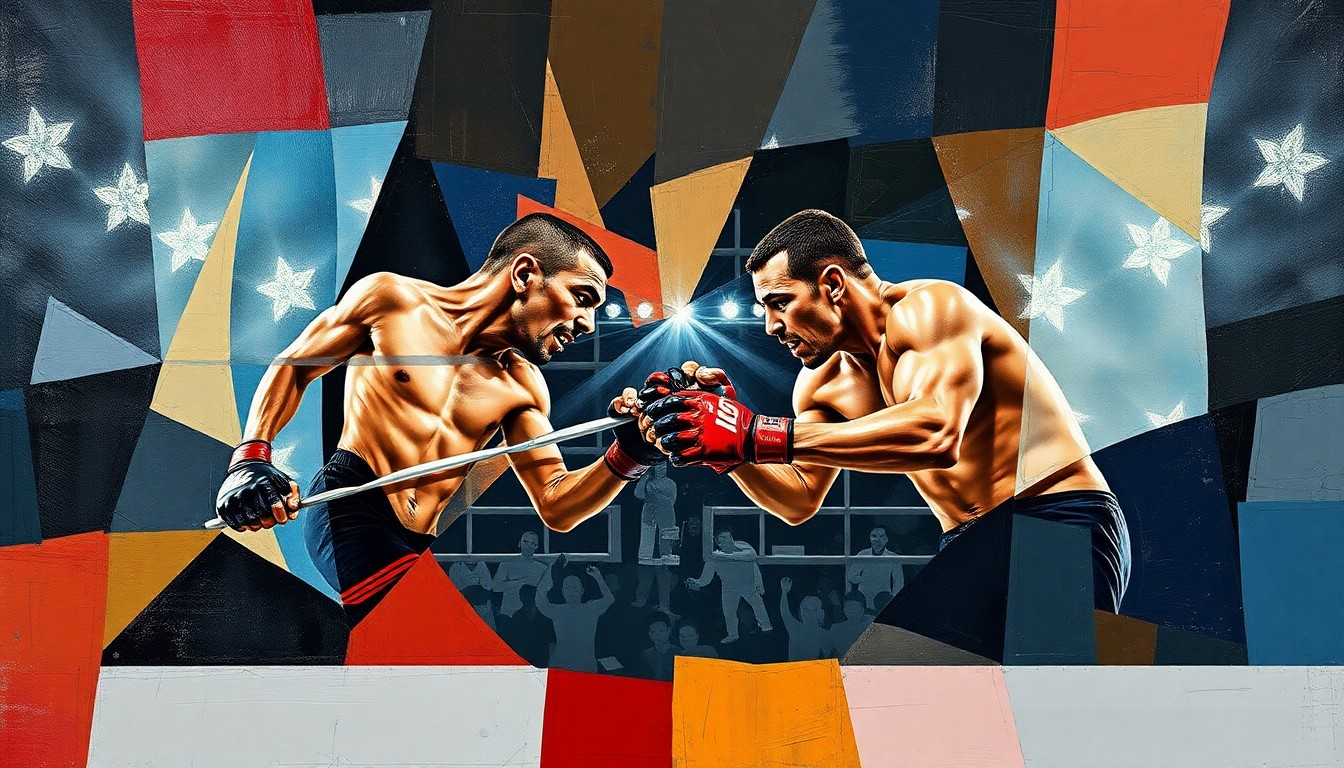 A fractured, geometric painting depicting the intense action and shifting momentum of a UFC light heavyweight fight, with sharp planes of color and form representing the unpredictable nature of the sport.