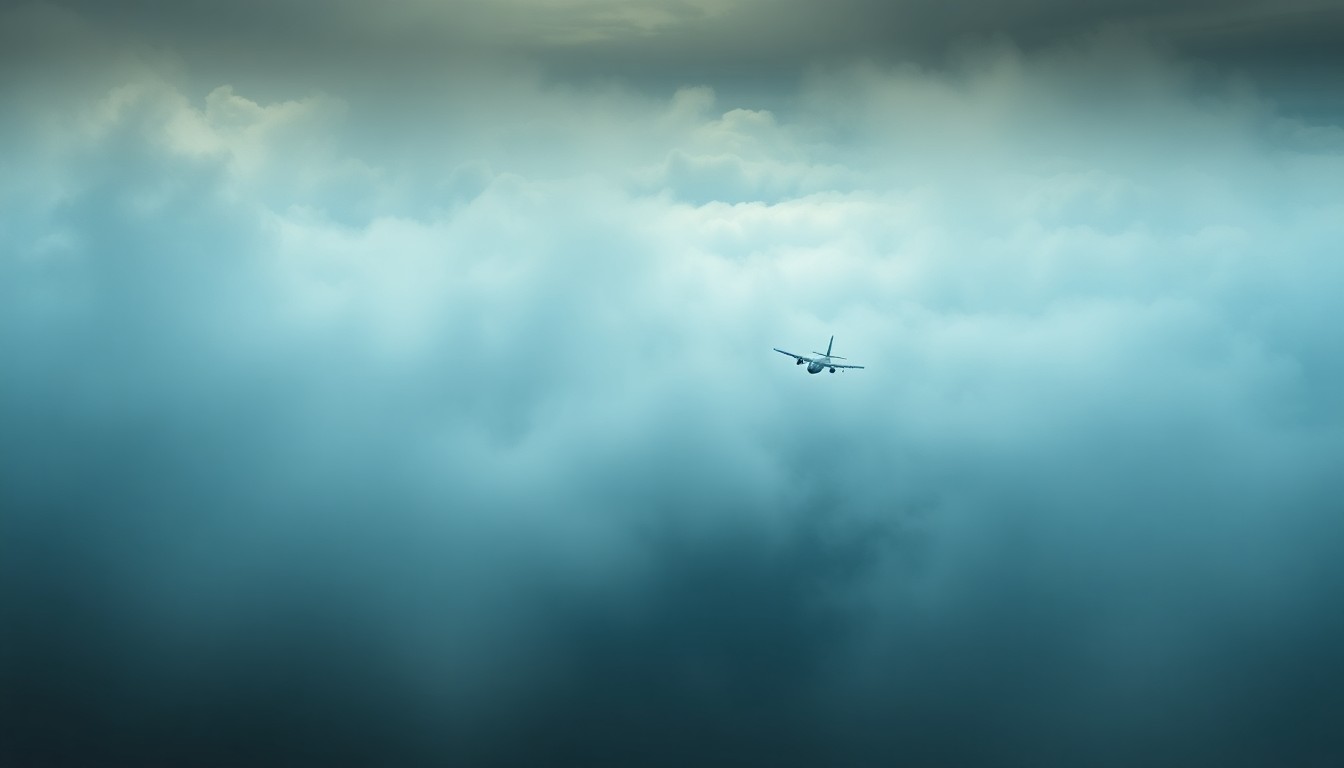 A sweeping, atmospheric landscape painting in muted tones of grey, blue, and white, depicting a turbulent seascape with the faint outline of a small plane partially obscured by heavy fog, conveying the overwhelming power and unpredictability of nature.