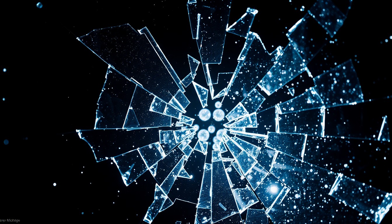 An extreme close-up of a shattered glass texture, with dramatic shadows and highlights creating a high-contrast, high-fashion aesthetic that evokes the emotional intensity and professional stakes of the medical drama 'The Pitt'.