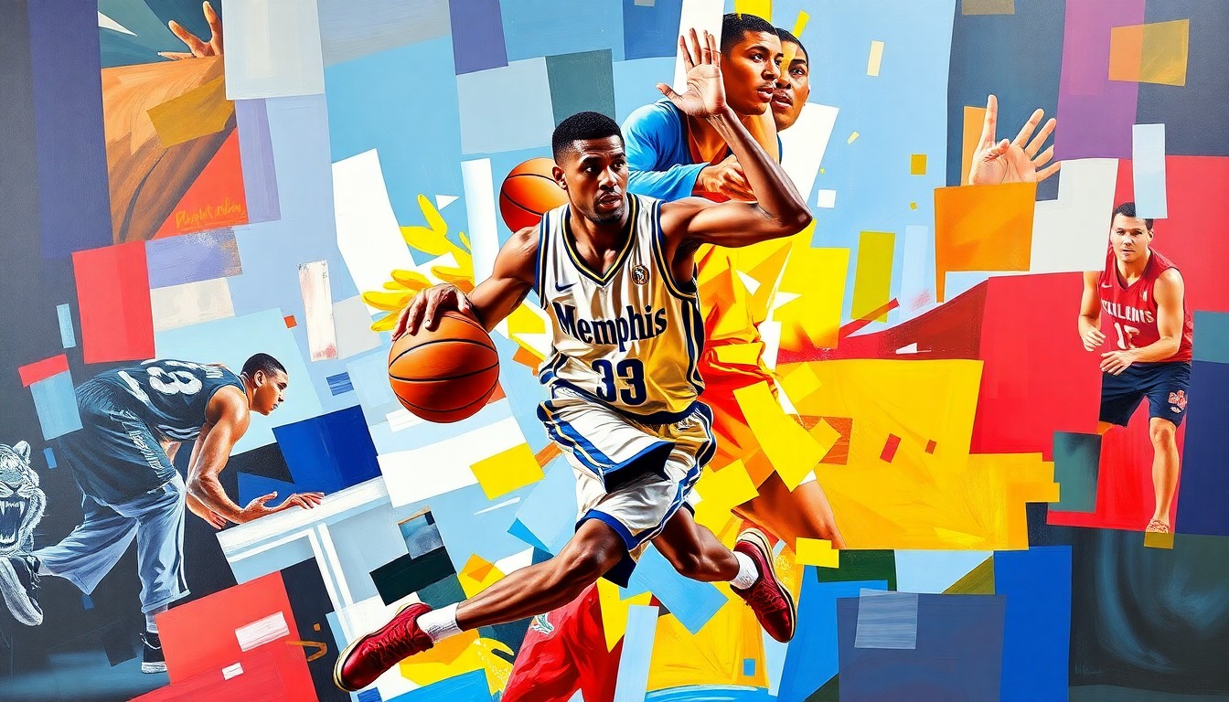 A fractured, cubist-style painting depicting a college basketball player in motion, with sharp geometric planes in the colors of the Memphis Tigers and NC State Wolfpack uniforms.