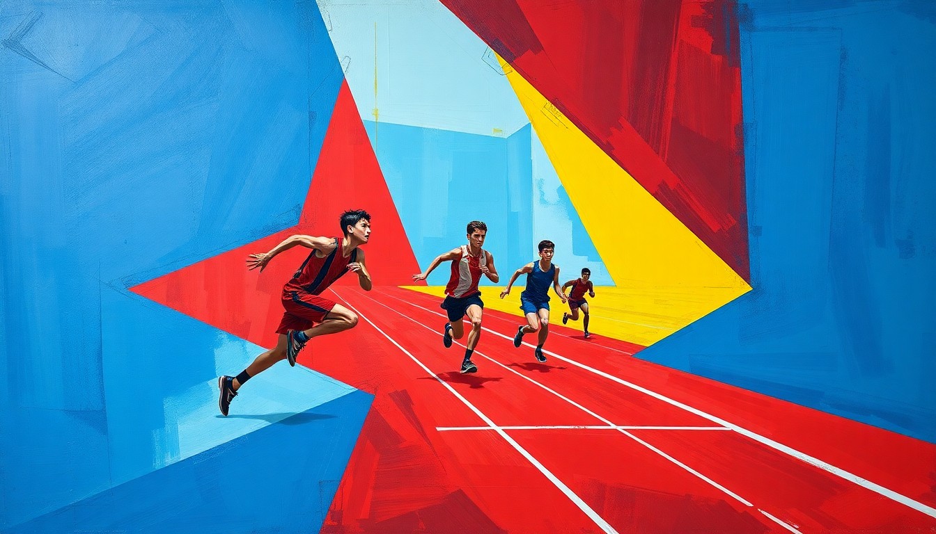 A fragmented, geometric painting in bold primary colors depicting various track and field events and athletes in motion, conveying the excitement and intensity of the annual Council Bluffs Invitational.
