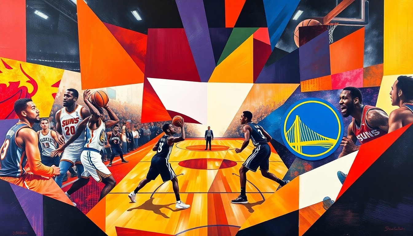A cubist, geometric painting depicting the abstract forms of basketball players in the colors of the Phoenix Suns and Golden State Warriors, conveying the intensity and energy of their win-or-go-home clash for the last NBA playoff berth.