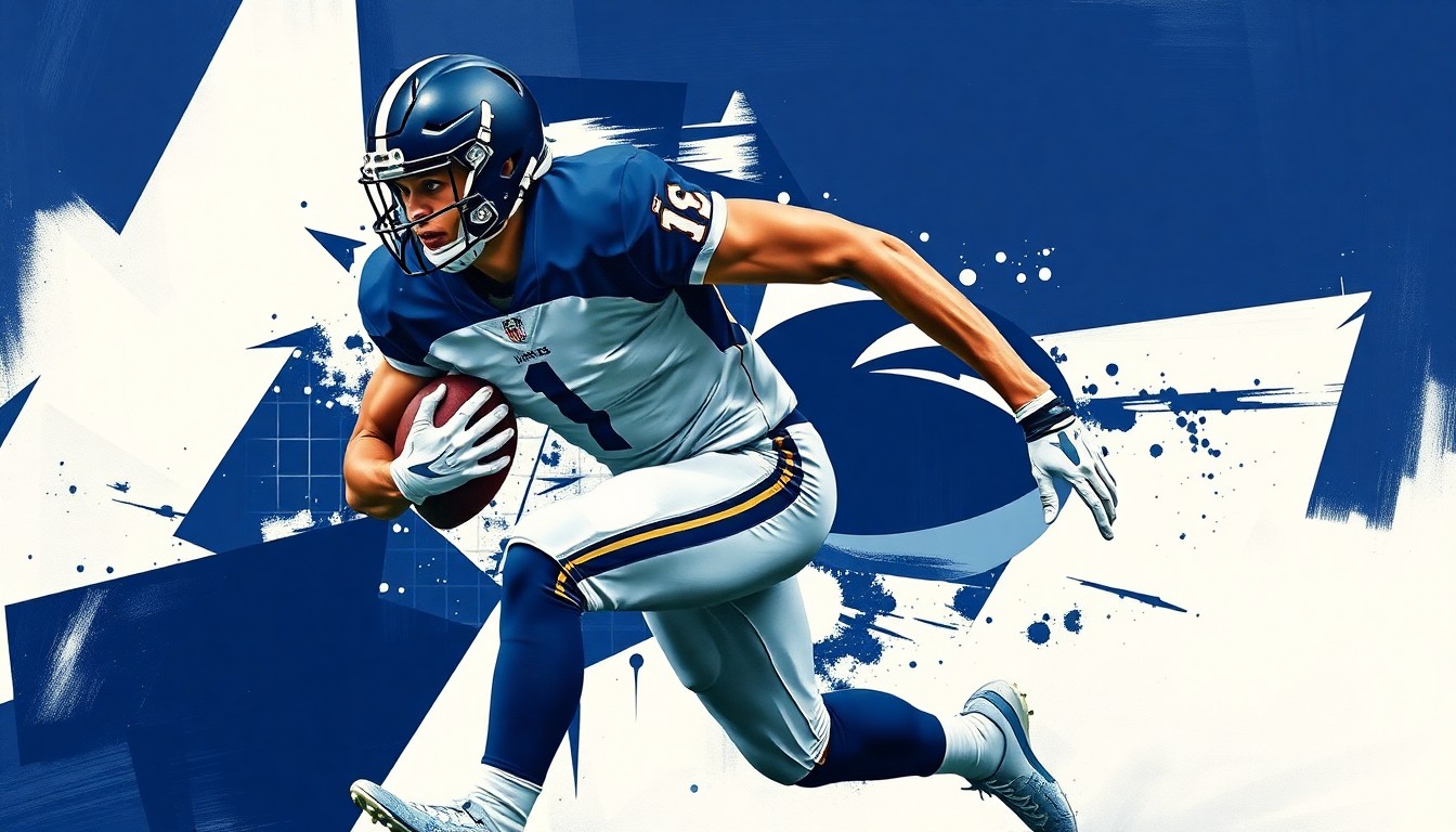 A cubist, geometric painting depicting a Penn State football player in motion, with sharp, overlapping planes of navy blue and white colors representing the team's official colors.