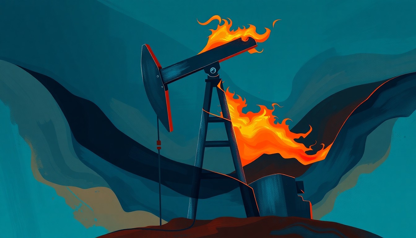 A fragmented, abstract painting of an oil pump jack in overlapping geometric shapes and waves of dark blue, steel grey, and fiery orange, conceptually representing the volatility and instability of the energy market.