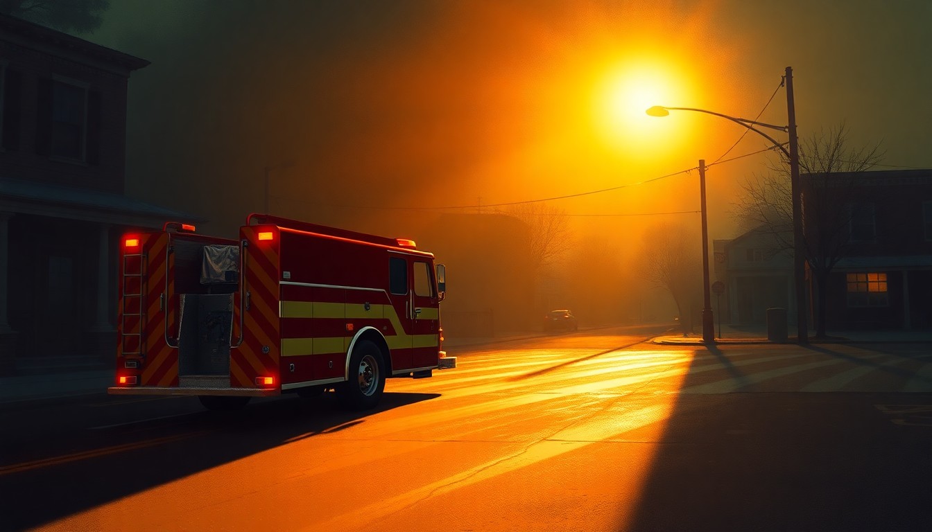 A realistic painting of a red fire truck parked on a quiet, sun-dappled street, conveying a sense of civic duty and small-town tranquility.