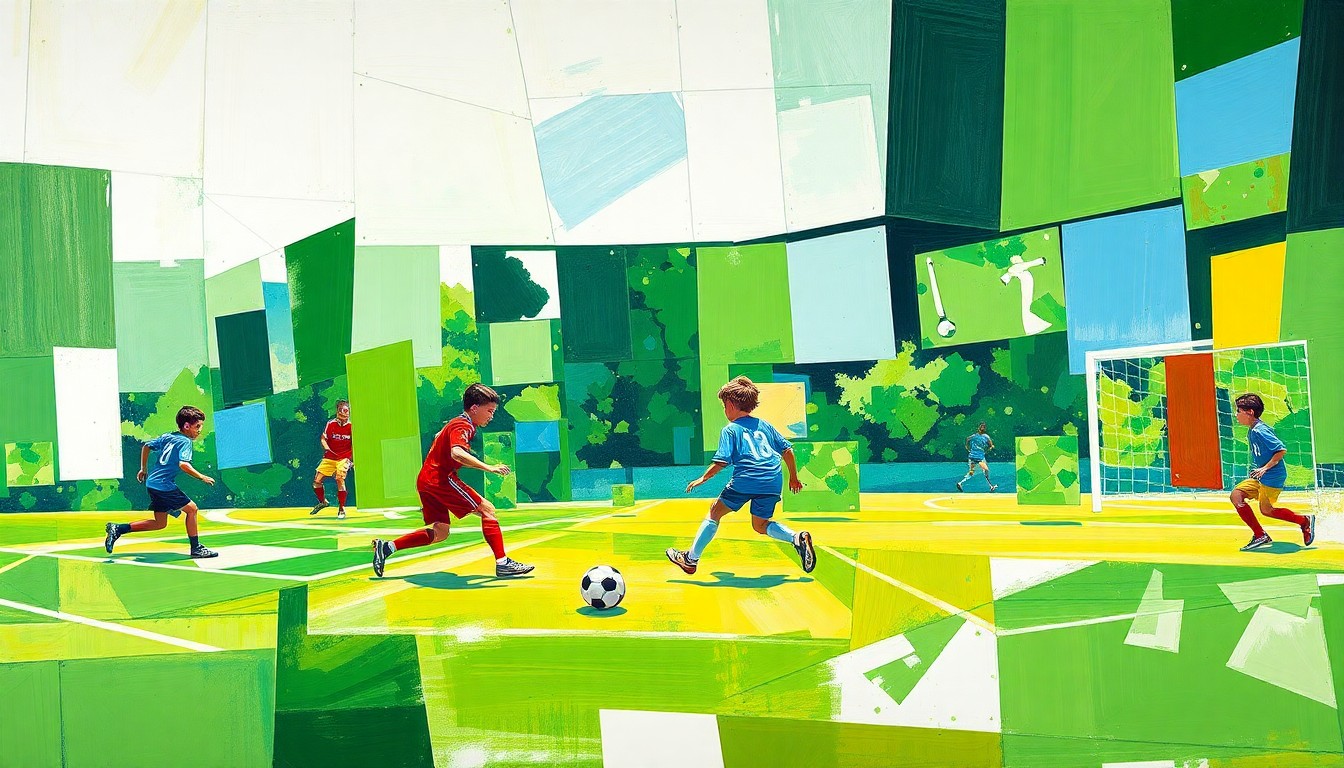 A cubist, geometric painting depicting a youth soccer match, with overlapping planes of green, blue, and white representing the players and field of play.