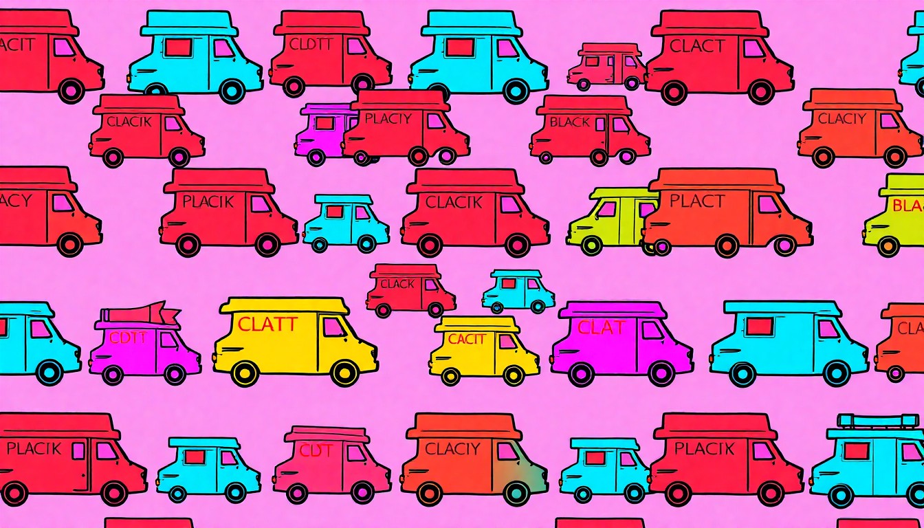 A bold, colorful silkscreen-style illustration featuring a repeated icon of a food truck in a grid pattern, capturing the energy and variety of the Sarona Food Truck Festival.