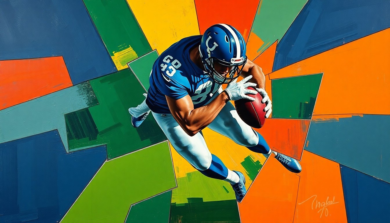 A fragmented, geometric painting depicting a defensive tackle making a tackle, with sharp planes of navy blue, forest green, and burnt orange creating a dynamic, multi-angled composition.