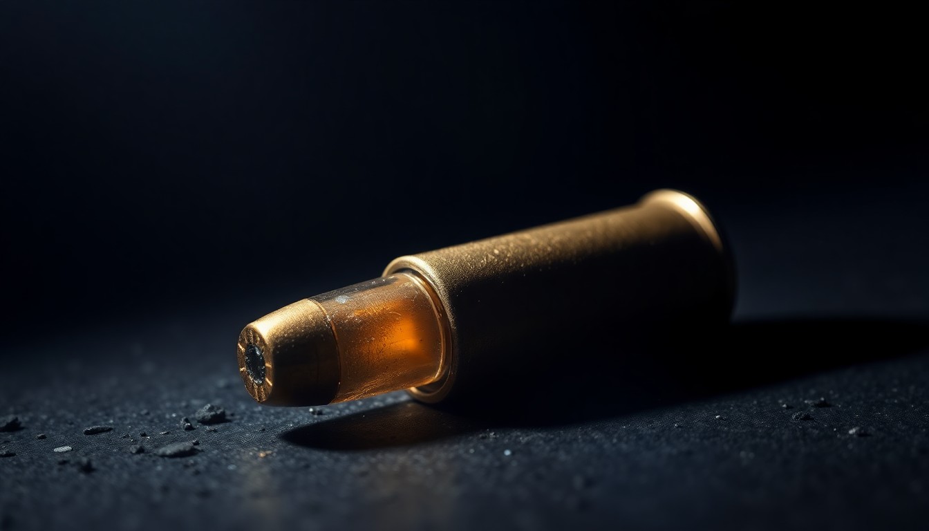 An extreme close-up photograph of a spent bullet casing on a dark, textured surface, lit by a harsh, direct camera flash, conceptually representing the physical evidence left behind from a violent incident.