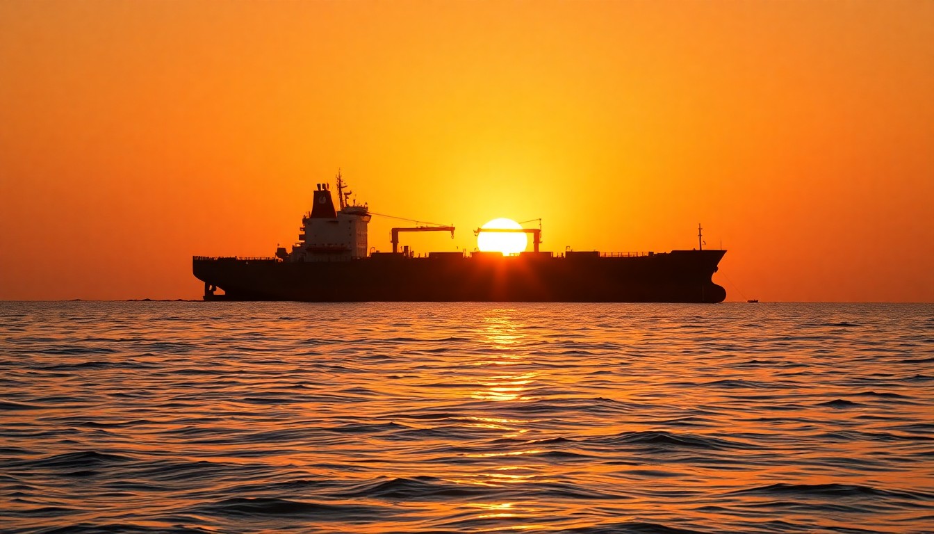 A serene, cinematic painting of a cargo ship silhouetted against a warm, golden sunset sky, reflecting the calm waters of the Strait of Hormuz and conveying a sense of quiet contemplation about the fragility of global trade.