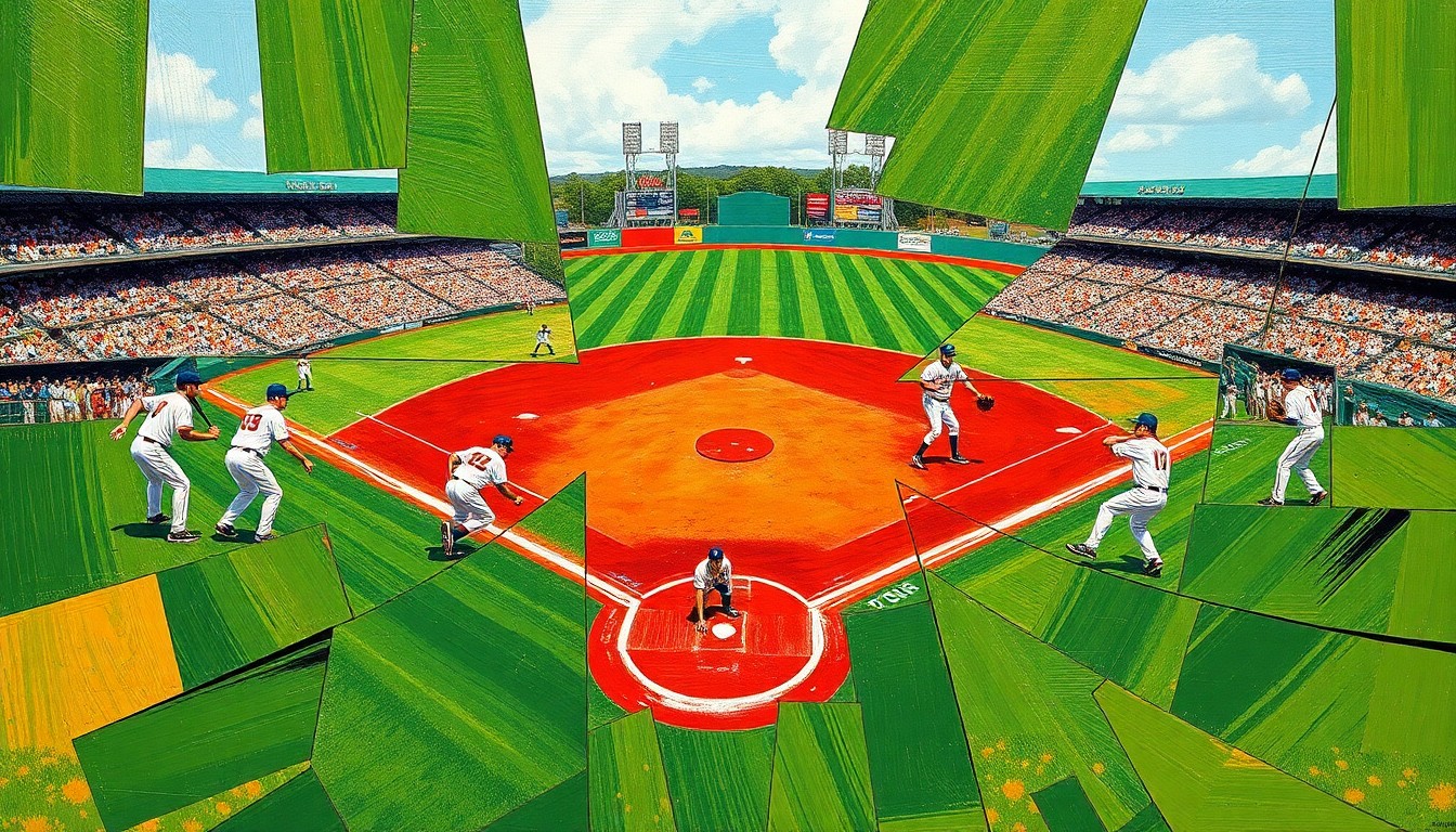 A cubist, multi-angled painting featuring sharp, overlapping geometric shapes in shades of green, white, and red, representing the dynamic movements and energy of a college baseball game.