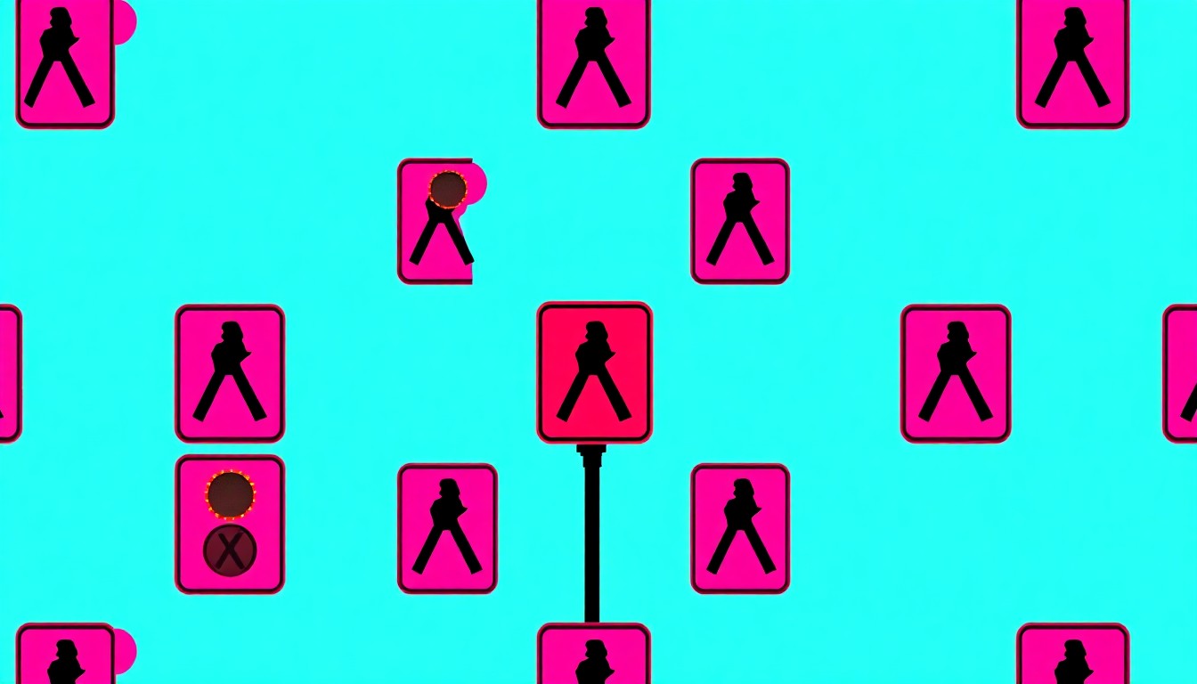 A bold, colorful silkscreen-style illustration depicting a single crosswalk signal icon repeated in a grid pattern, conceptually representing the new pedestrian safety upgrades installed at a busy intersection near the University of Arizona.