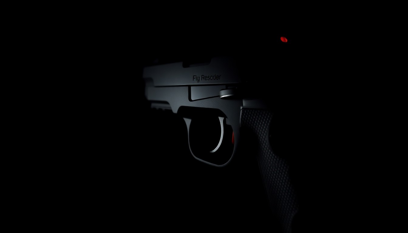 An extreme close-up photograph of a black handgun with a red-dot sight, lit by a harsh, direct camera flash against a pitch-black background, conceptually illustrating the alleged use of force by a federal immigration agent.