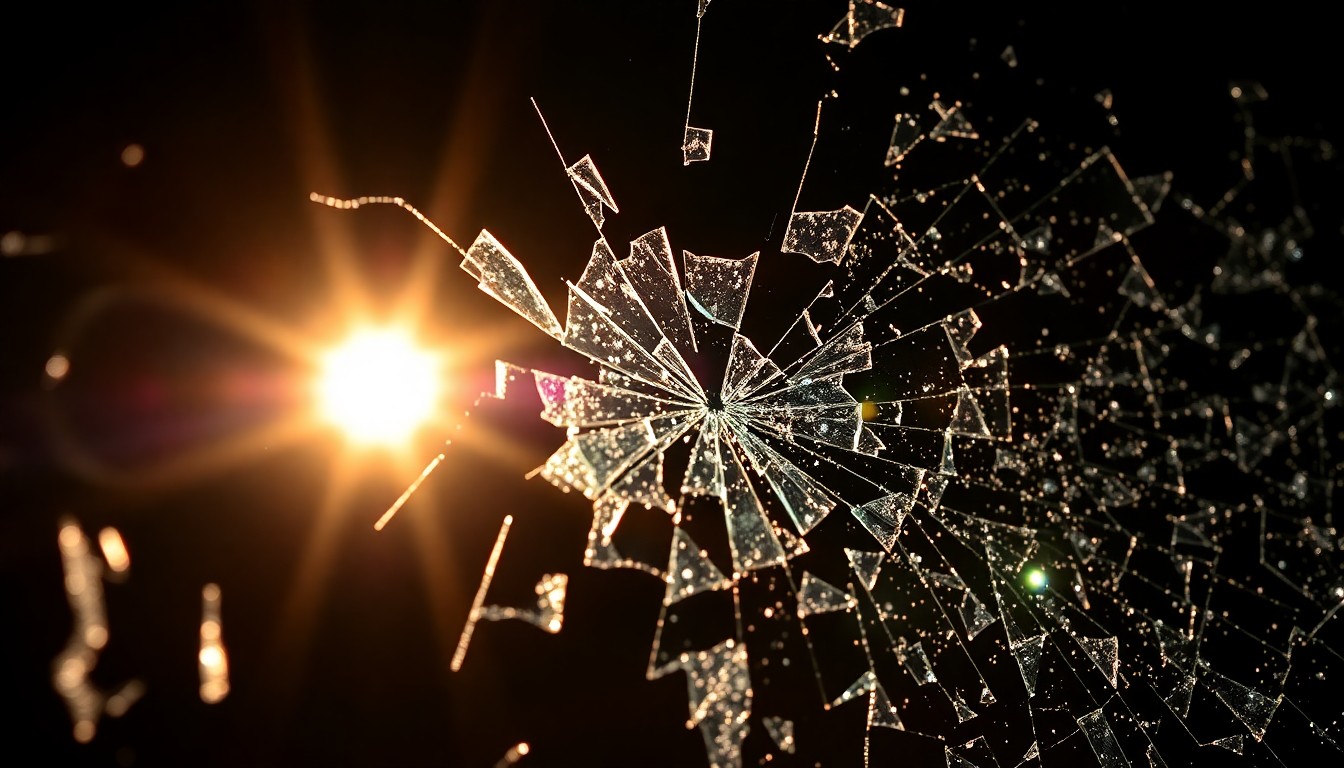 An extreme close-up of shattered car window glass reflecting a harsh camera flash, conceptually illustrating the violence and aftermath of a deadly carjacking incident.
