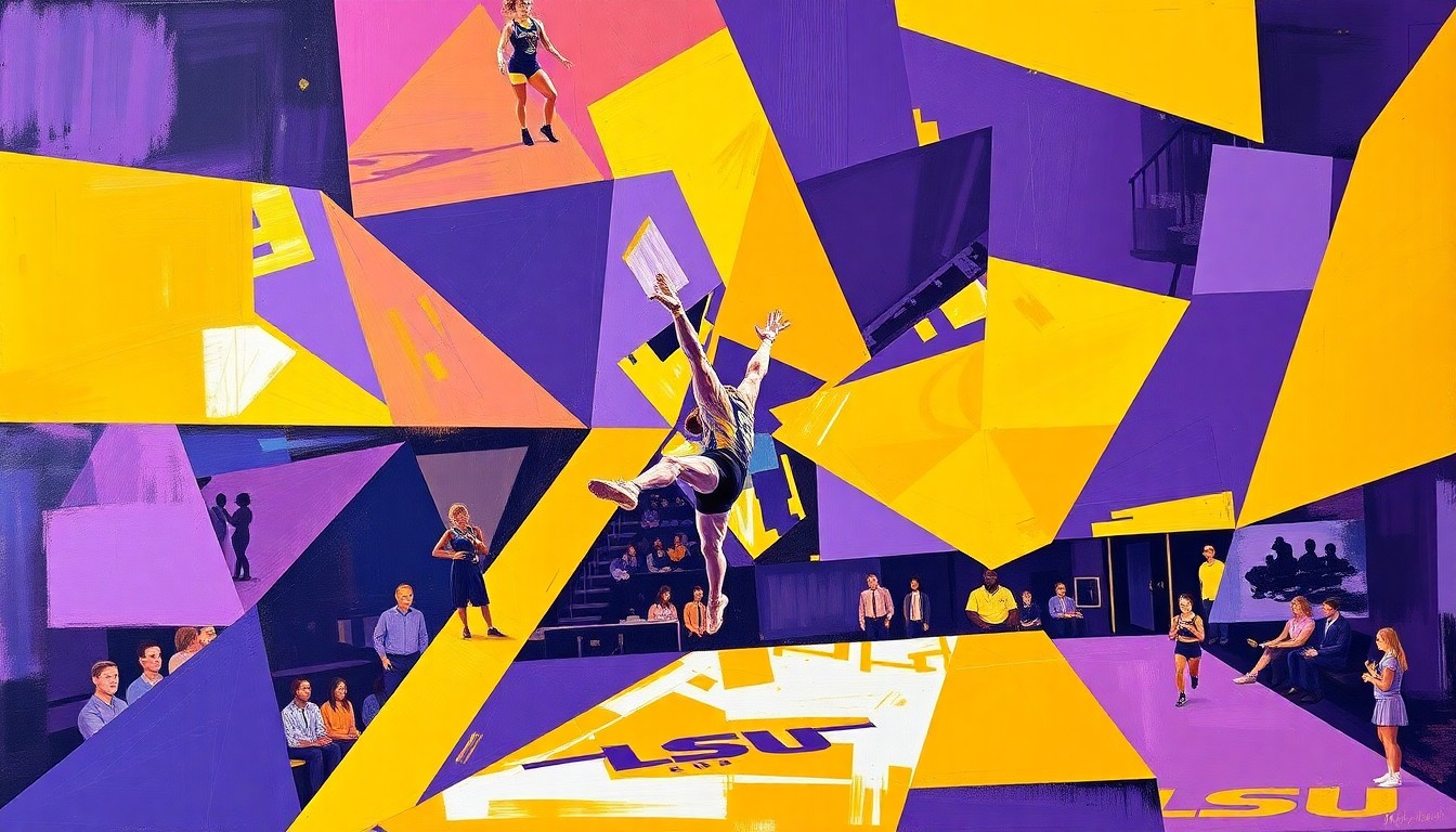 A fractured, multi-perspective painting in vibrant shades of purple and gold, capturing the energy and movement of a gymnastics competition through sharp, overlapping geometric shapes.