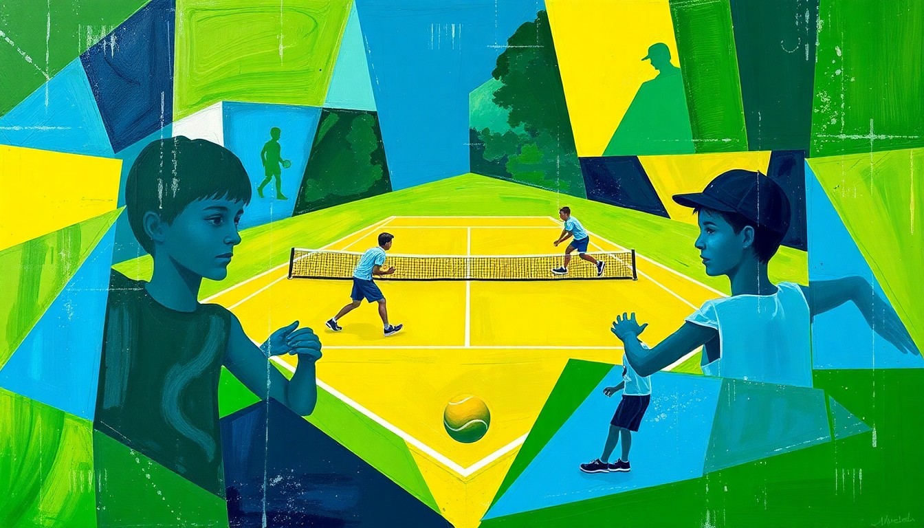 A cubist, geometric painting depicting a boys tennis match, with overlapping planes of green, blue, and yellow representing the court, players, and ball in motion.