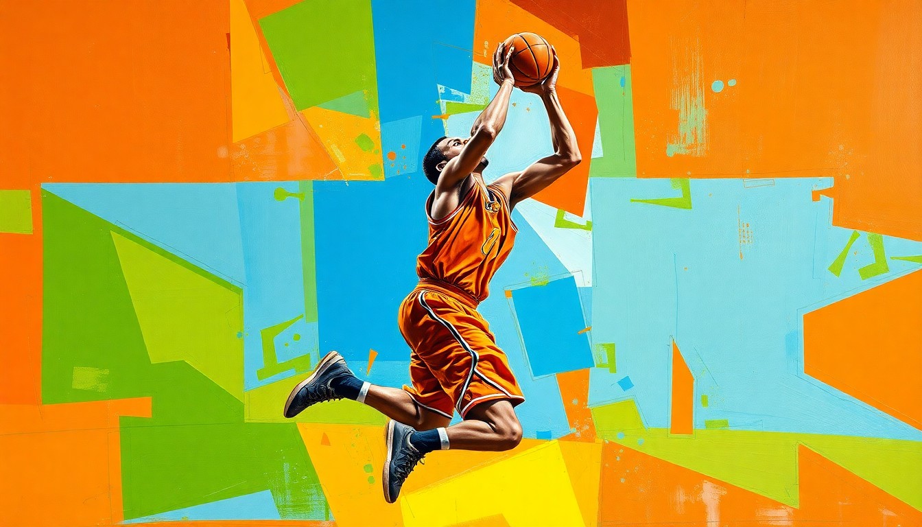 A cubist, geometric painting depicting the movements and actions of a basketball player, with sharp planes of vibrant orange, blue, and green colors.