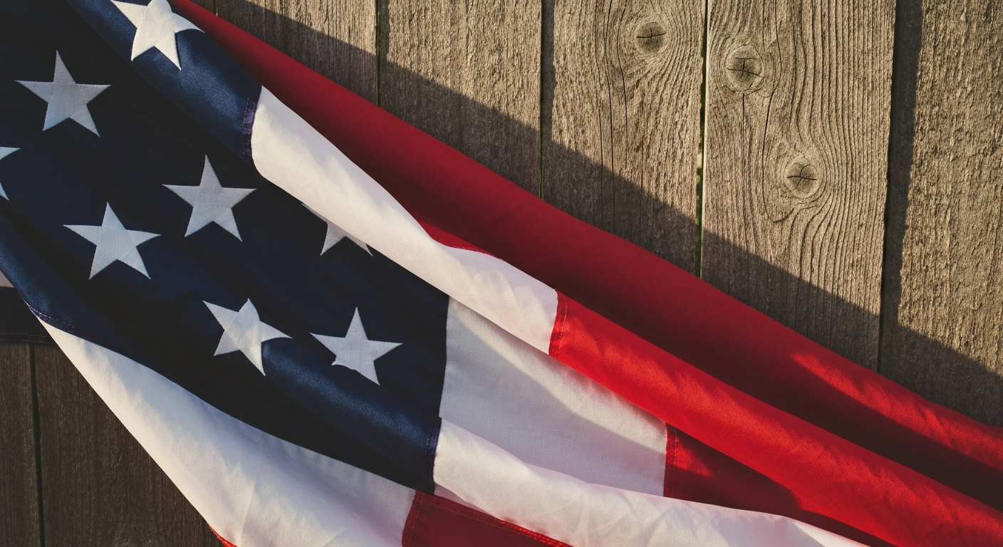 An extreme close-up of the textured surface of an American flag, with the vibrant red, white, and blue colors filling the frame, conceptually representing the patriotic spirit behind a new commemorative license plate.