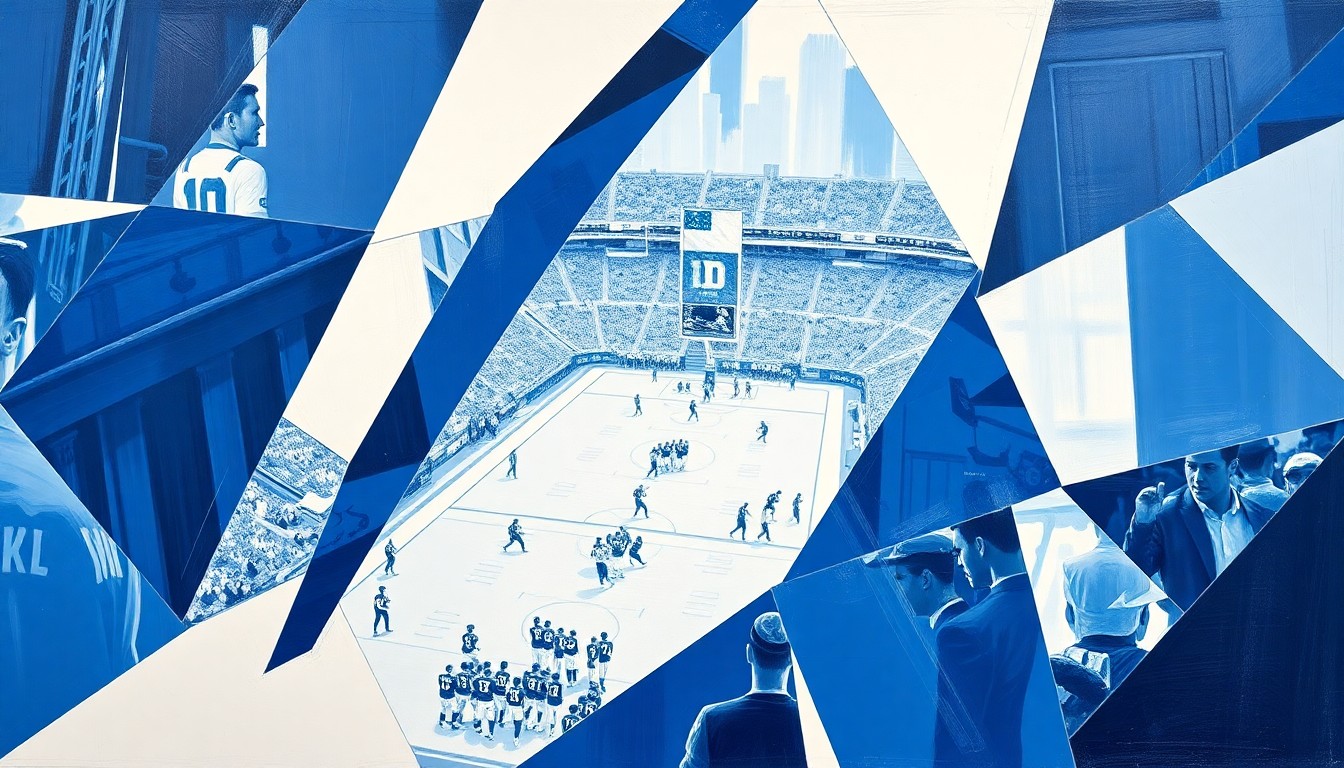 A fragmented, geometric painting in Duke's team colors, capturing the motion and intensity of a college football game through Picasso-esque abstraction.