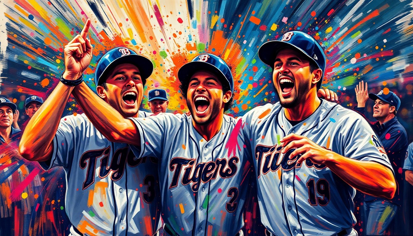 An abstract, energetic painting with vibrant brushstrokes in neon colors, capturing the excitement and drama of a baseball game's climactic final innings.