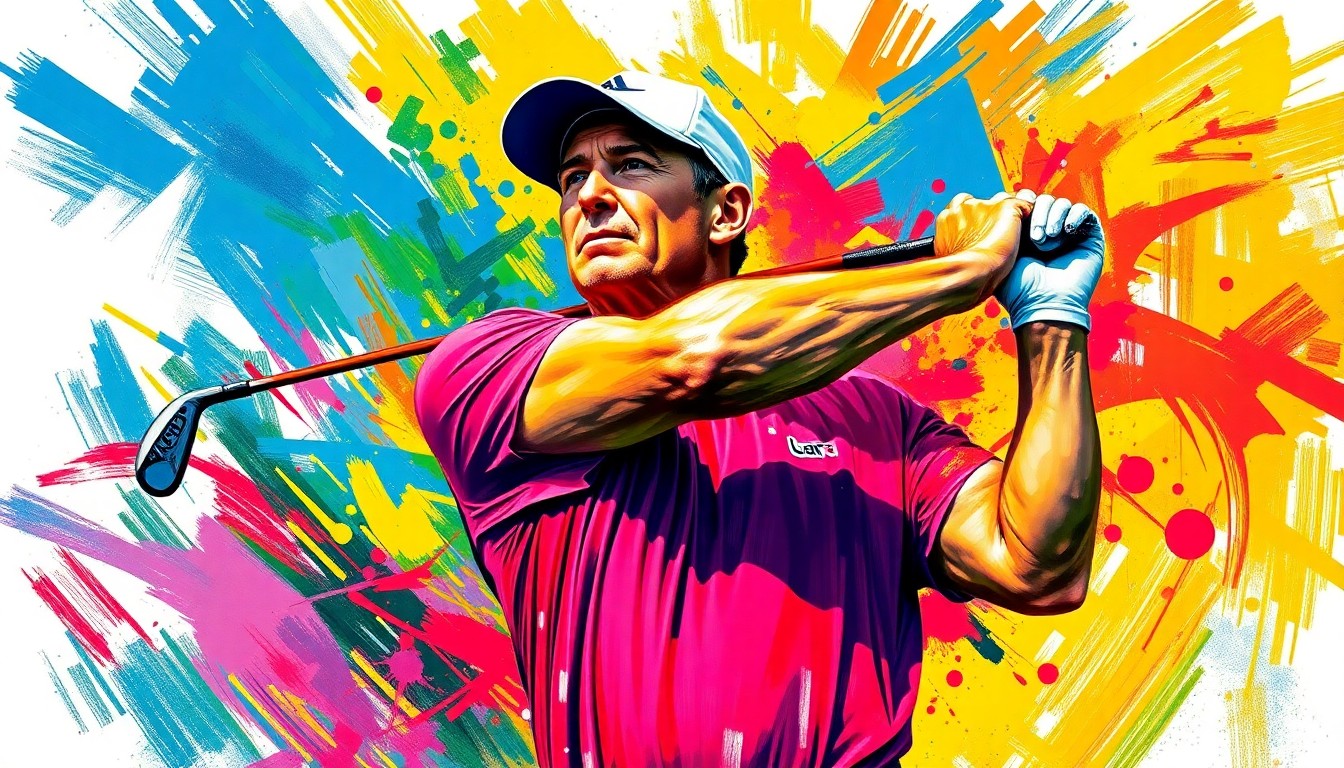 An abstract, energetic painting featuring bold, neon-colored brushstrokes that capture the dynamic motion of a golfer's swing, representing the vibrant spirit of senior sports.