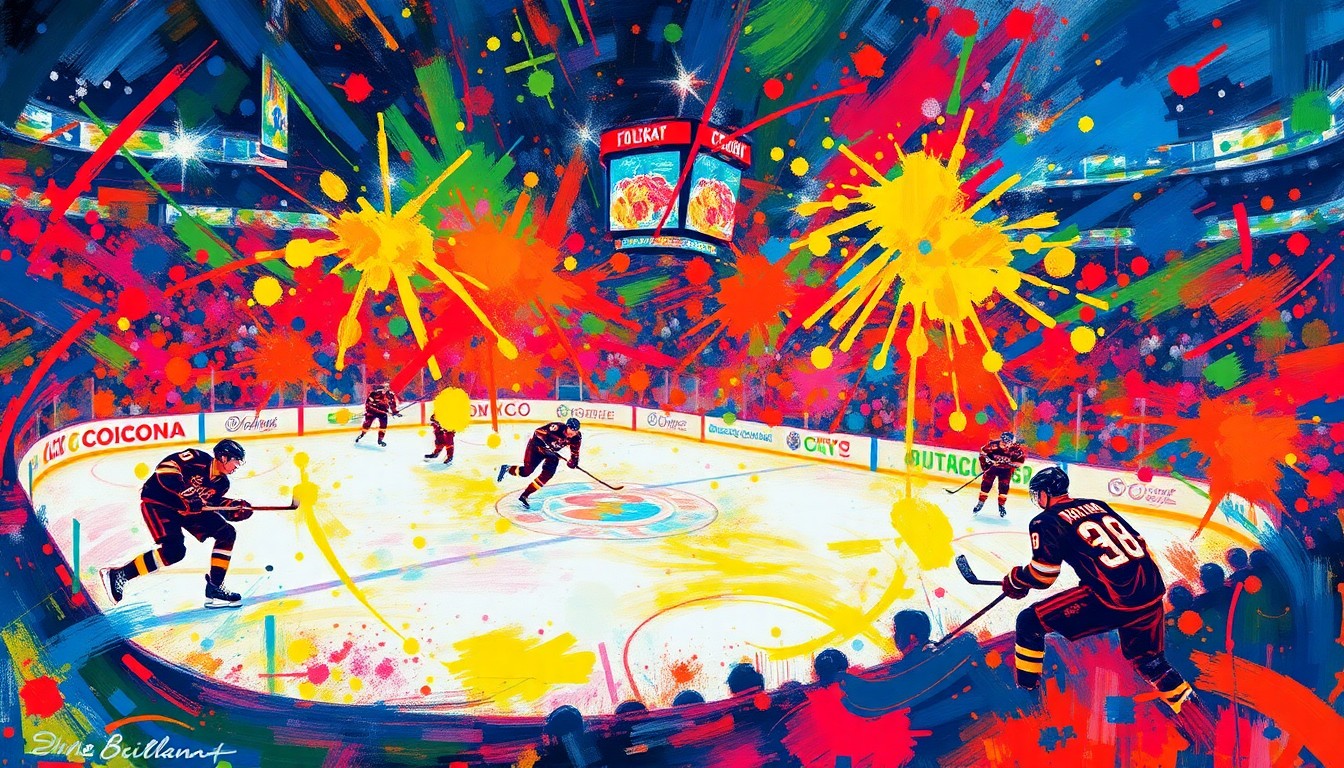 An abstract, expressionist painting featuring vibrant neon brushstrokes and splatters of color, capturing the raw energy and emotion of Anze Kopitar's final NHL game.