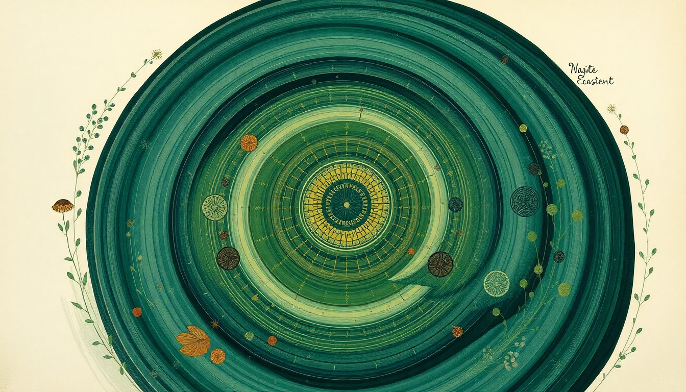 A highly structured abstract painting featuring sweeping geometric arcs, concentric circular patterns, and precise botanical spirals in earthy tones of green, blue, and brown, conceptually representing the complex and delicate balance of life within a community pond.