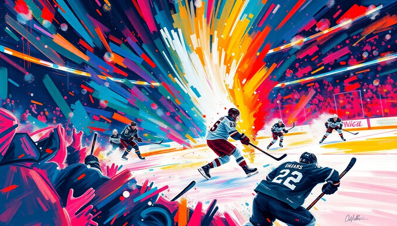 An abstract, energetic painting with bold, neon-colored brushstrokes capturing the intensity and excitement of a fast-paced hockey game between two NHL teams.