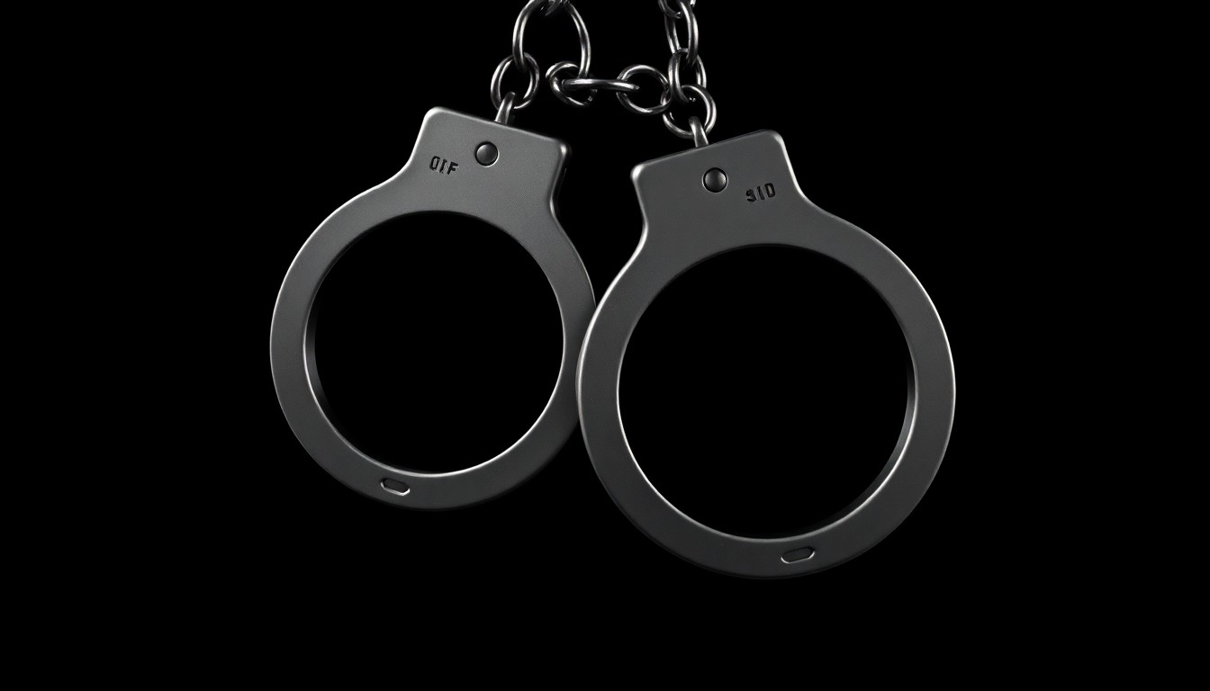 An extreme close-up photograph of a pair of handcuffs against a pitch-black background, creating a stark, gritty, investigative aesthetic through the use of harsh, direct lighting.