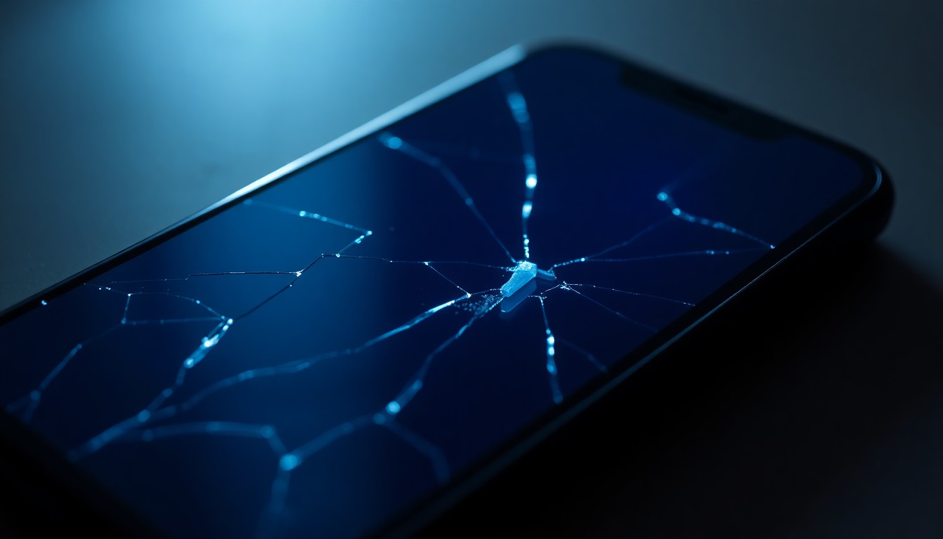 An extreme close-up of a cracked smartphone screen reflecting a faint blue light, conceptually representing the digital evidence and surveillance at the heart of this crime case.