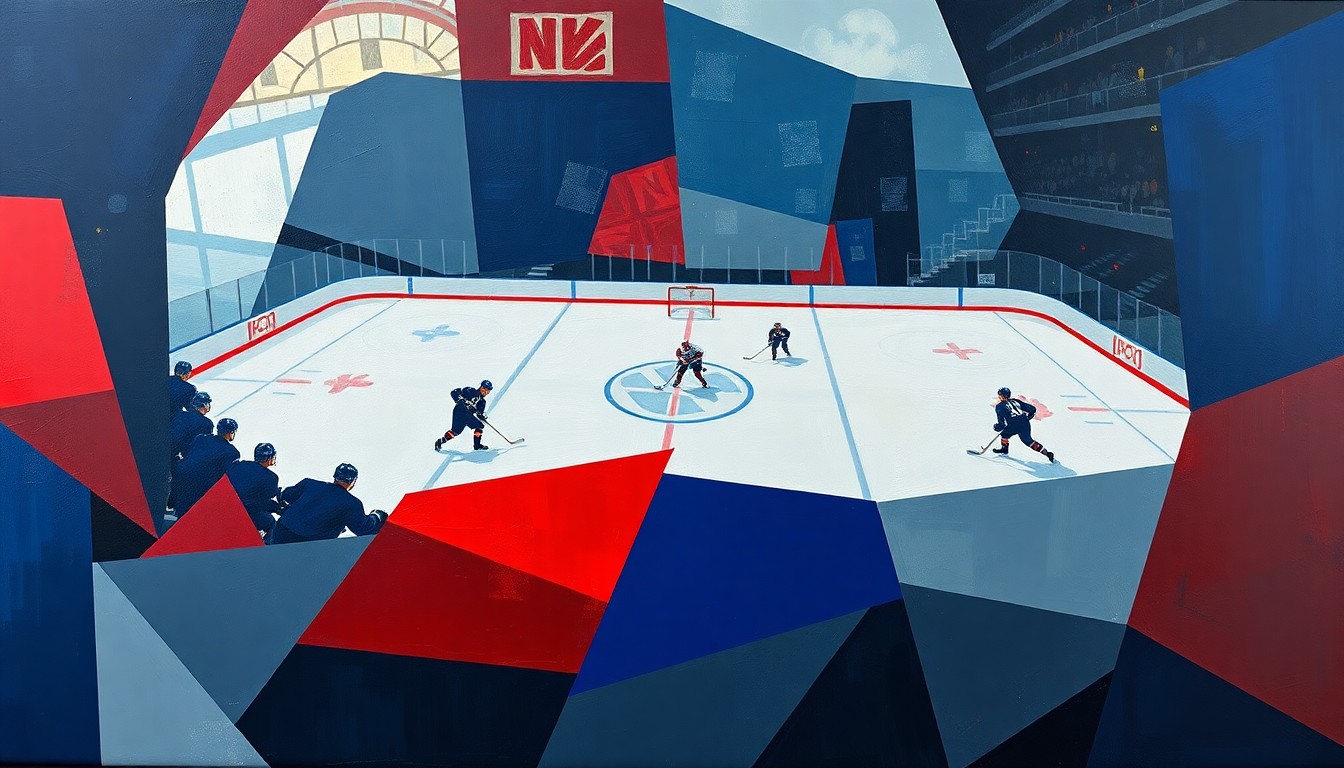 A cubist-style painting featuring overlapping geometric shapes in navy, red, and grey, conceptually representing the complex dynamics of an NHL trade and its long-term consequences.