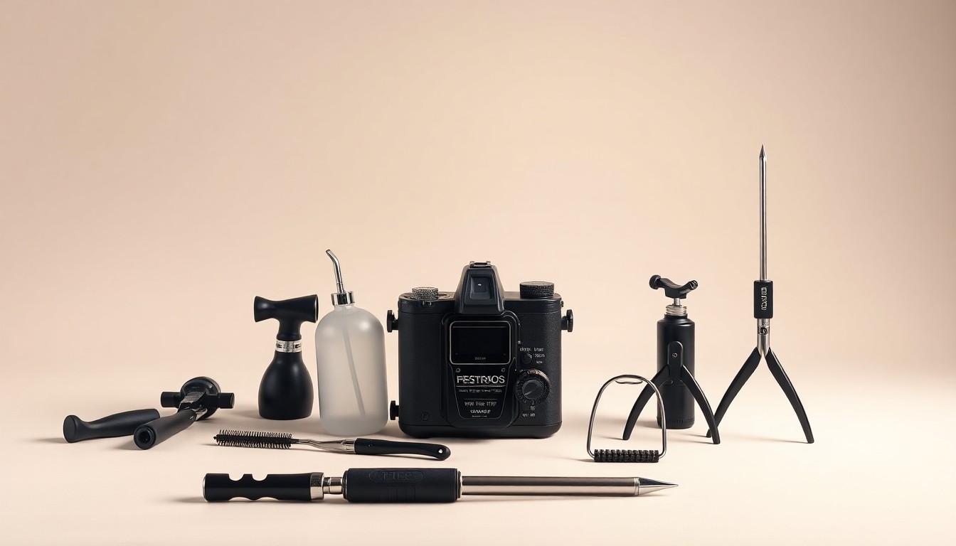 A high-end studio still life photograph featuring a set of sleek, modern pest control tools and equipment arranged in a minimalist, elegant composition on a clean, monochromatic background, conveying the abstract concepts of digital strategy and online visibility for local businesses.