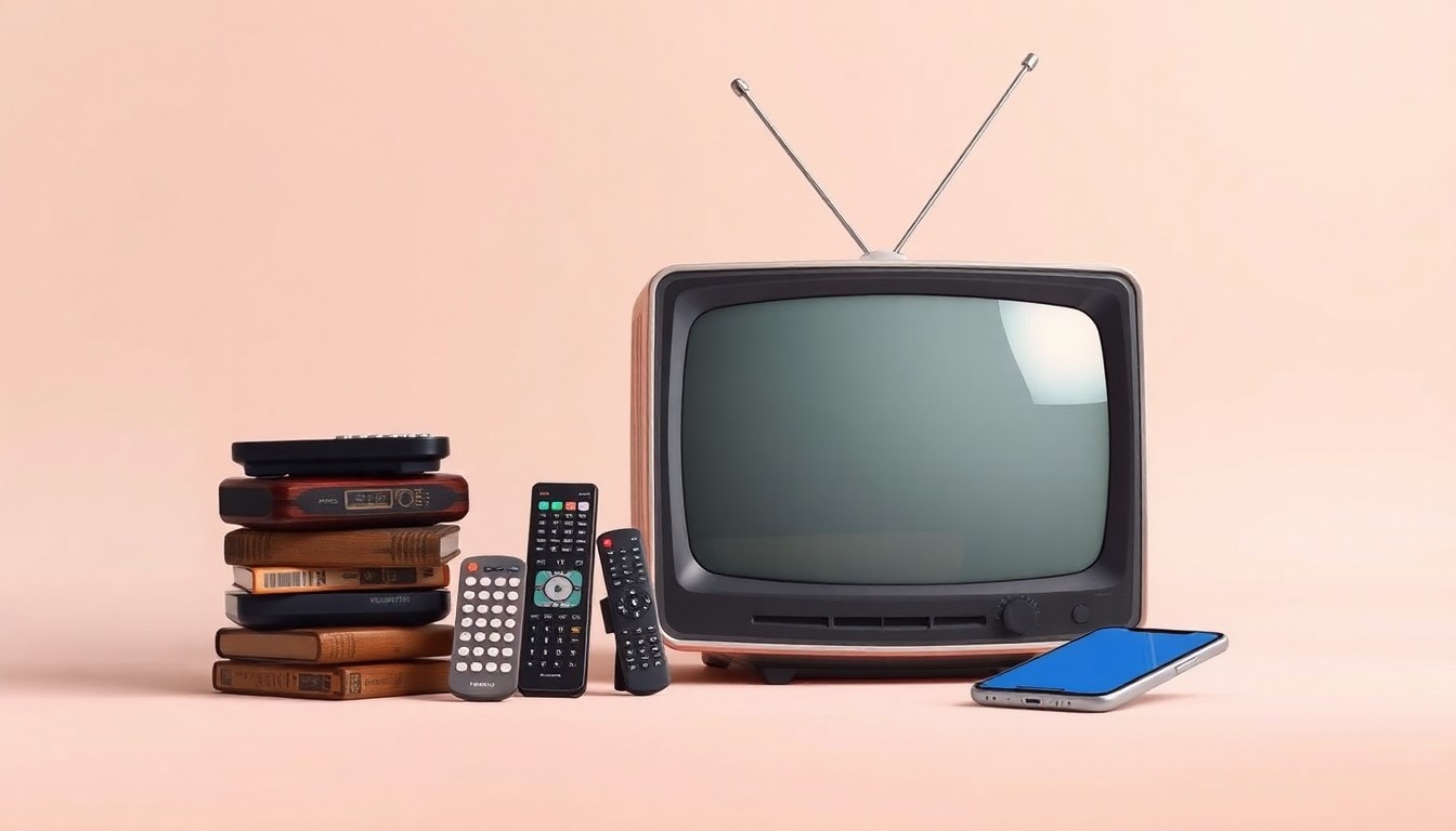 A high-end, photorealistic studio still-life photograph featuring a stack of vintage TV remote controls, a retro television set, and a smartphone, conceptually representing the transition from traditional TV shopping to modern digital and social commerce.