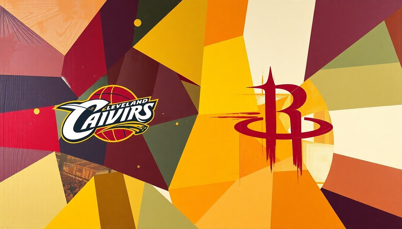 A fragmented, cubist-style painting depicting an intense basketball game or playoff matchup, with sharp geometric shapes and planes in the Cavaliers' wine and gold colors and the Rockets' red and white, conveying the competitive energy and strategic complexity of the NBA playoffs.