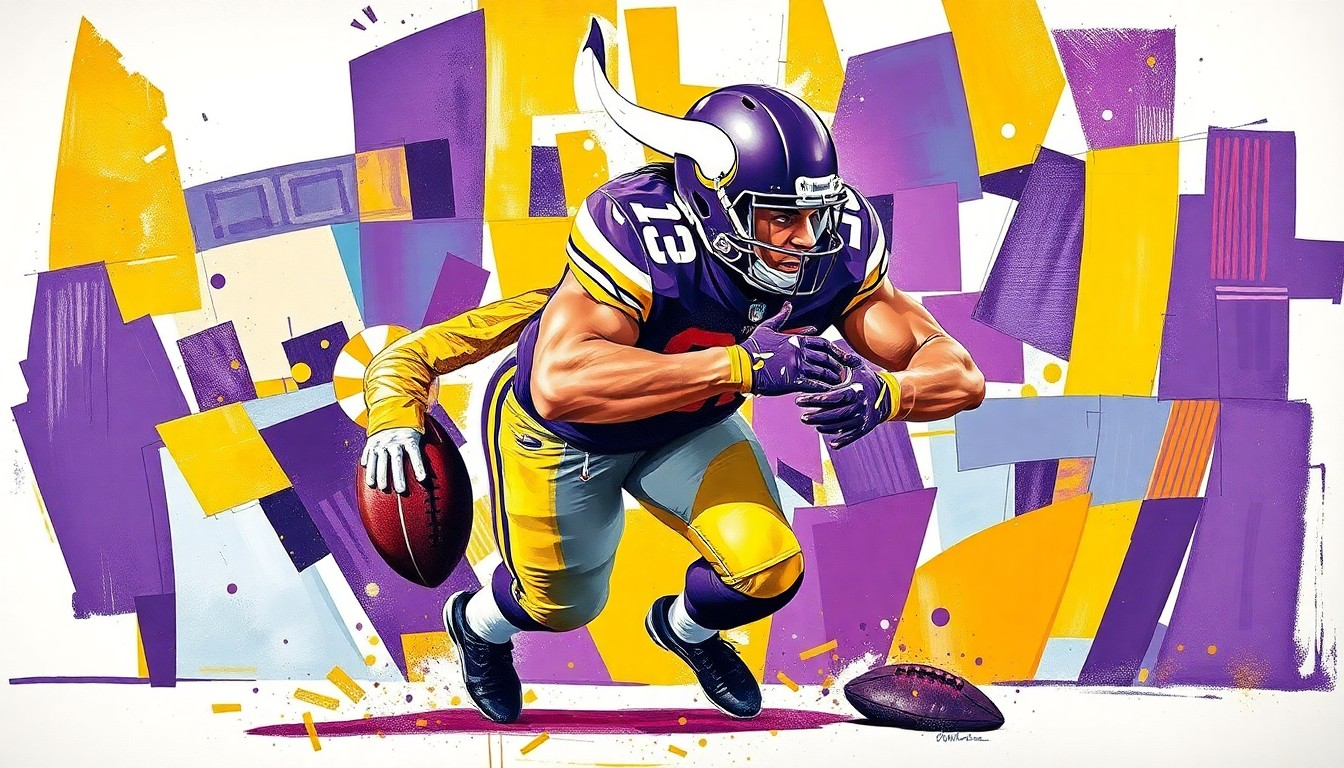A fractured, cubist-style painting depicting a Vikings linebacker making a tackle, with the player's form broken down into sharp, overlapping geometric shapes in the team's colors of purple, gold, and white.