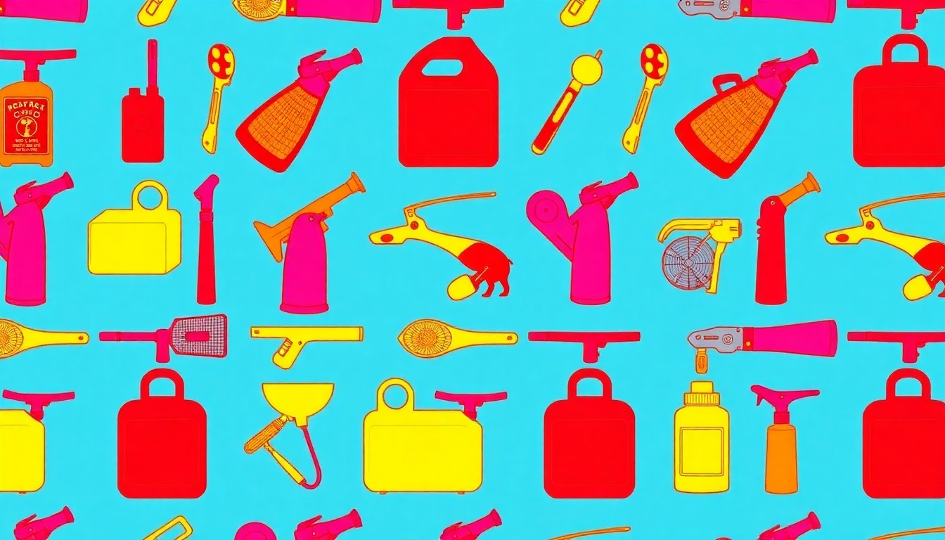 A grid of brightly colored, high-contrast silkscreen images of a single pest control tool, conceptually representing the creative and vibrant approach of Kritter Catchers NJ to wildlife management.