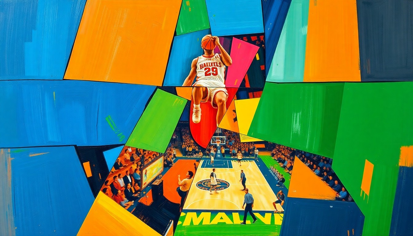 A cubist-style painting featuring sharp, overlapping geometric shapes in vibrant blue, orange, and green hues, conveying the dynamic movement and intensity of a college basketball game.