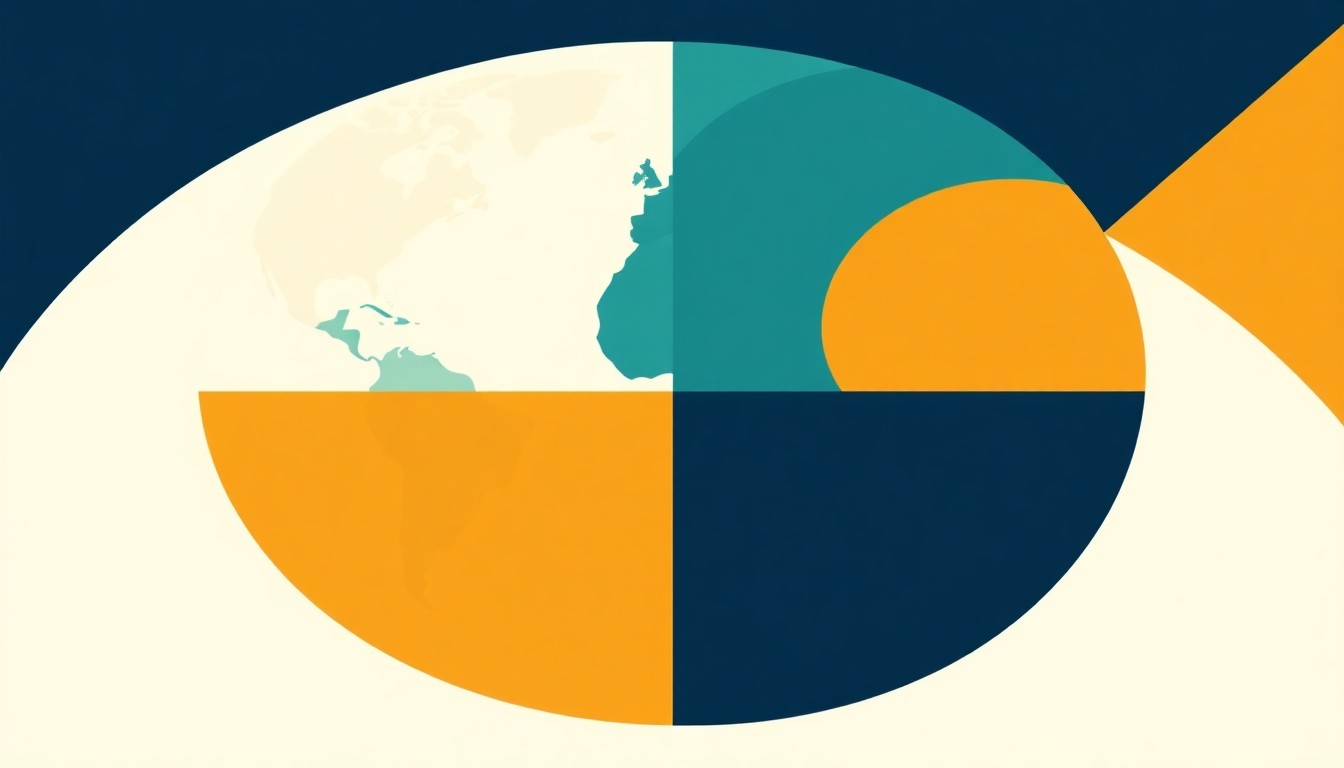 A geometric abstract illustration featuring overlapping triangles and rectangles in navy, teal, and ochre, conveying a sense of interconnected global systems impacted by economic disruption.