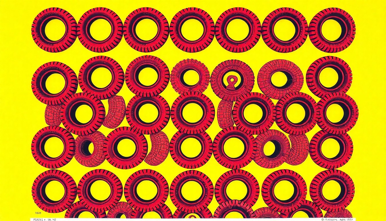 A bold, colorful silkscreen print featuring a repeated image of a discarded tire, conceptually representing the issue of illegal dumping that has become a growing concern in the city of Palm Bay.