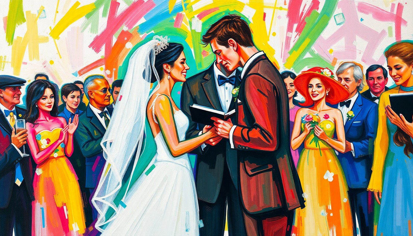 An abstract, energetic painting in the style of LeRoy Neiman, featuring bold brushstrokes and neon colors that capture the raw emotion and movement of a wedding ceremony. The figures of the bride, groom, and officiant are rendered in a vibrant, impressionistic style, their faces and bodies blending together in a dynamic, celebratory scene.